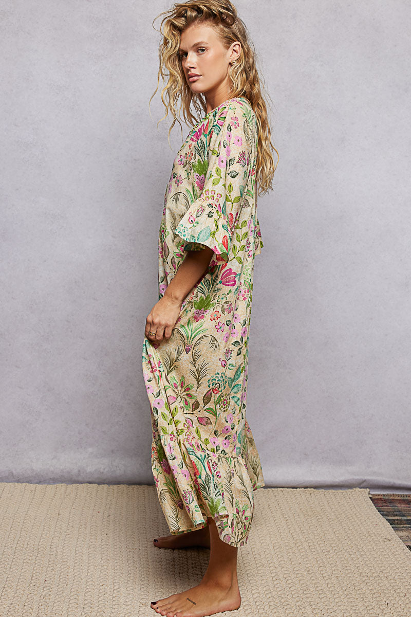 Floral Beaded Cotton Maxi Dress