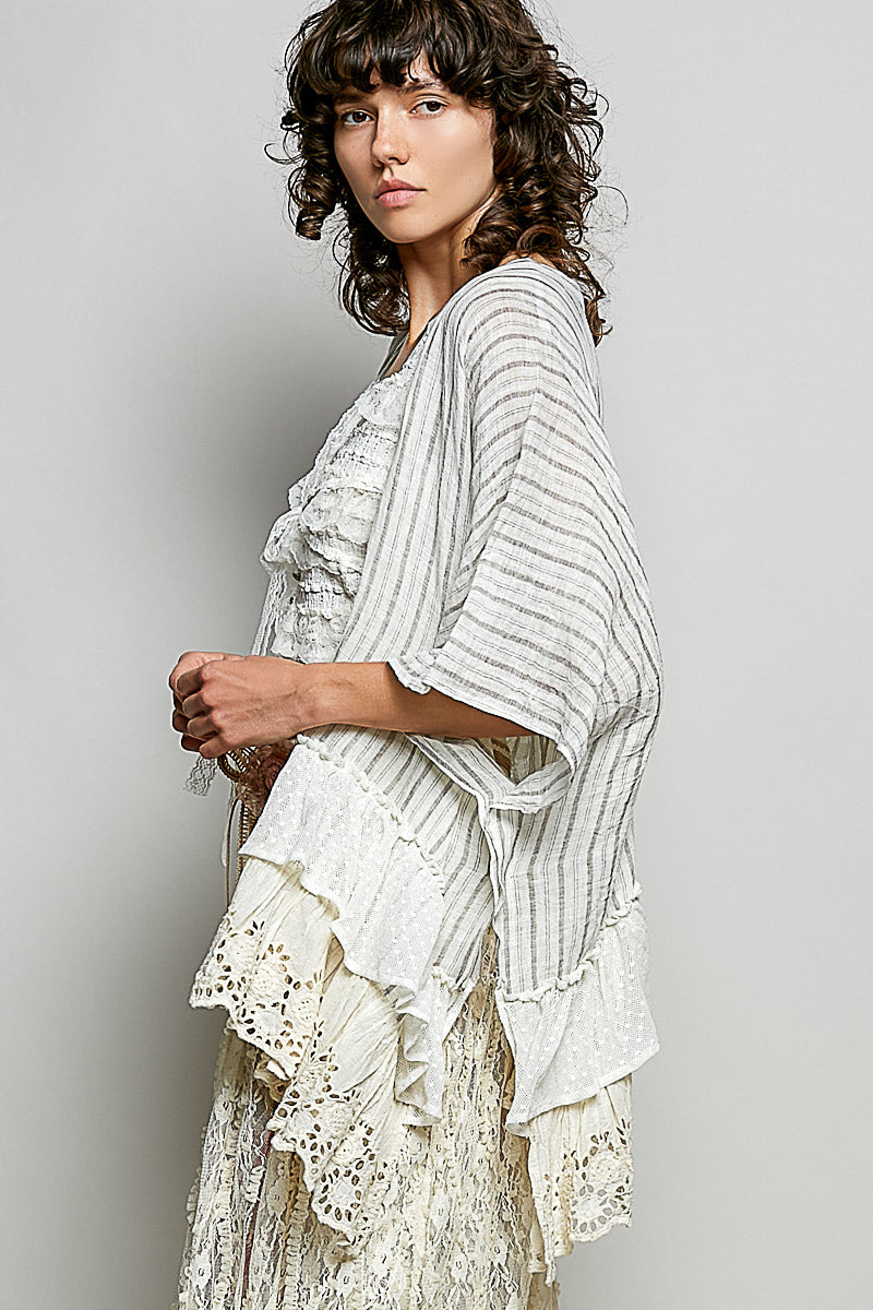 White Stripe Linen & Eyelet Cardigan