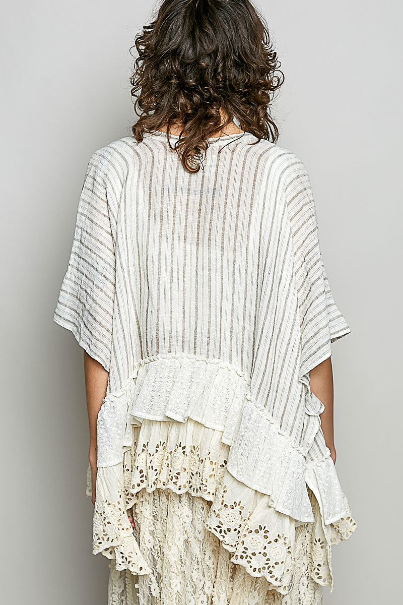 White Stripe Ruffle Cardigan