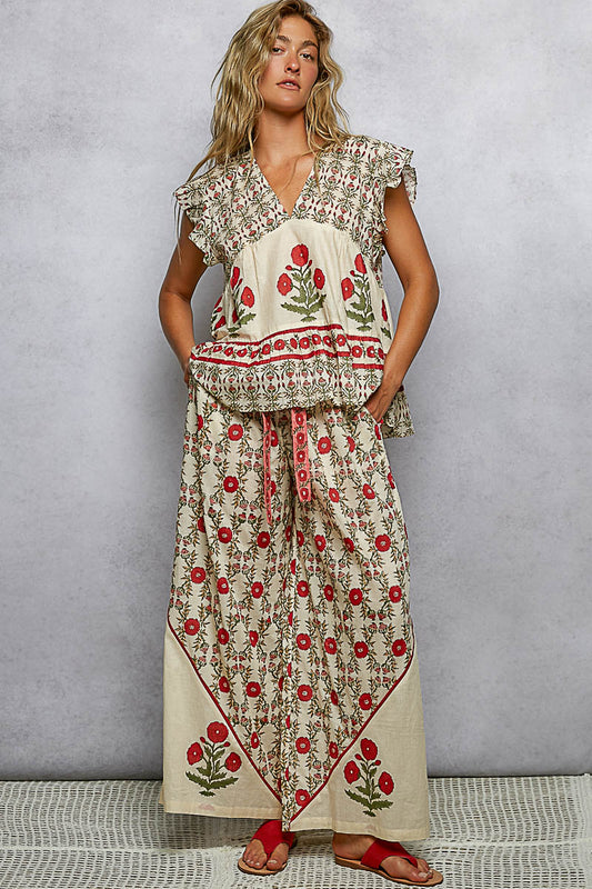Red Hand Block Print Pants - 100% Cotton