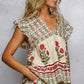 Red Hand Block Print V Neck Ruffle Sleeve Top - 100% Cotton