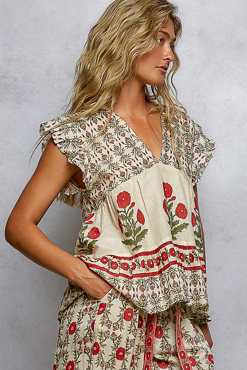 Red Hand Block Print V Neck Ruffle Sleeve Top - 100% Cotton
