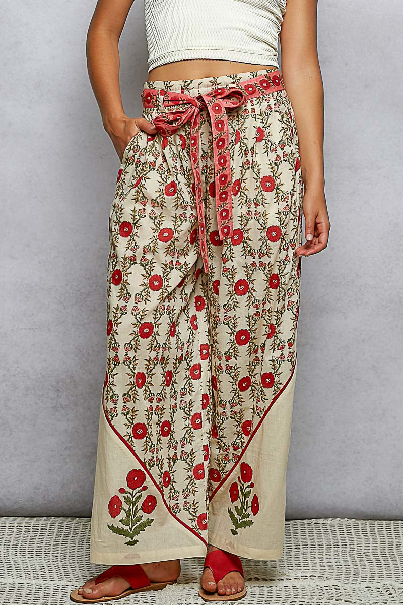Red Hand Block Print Pants - 100% Cotton
