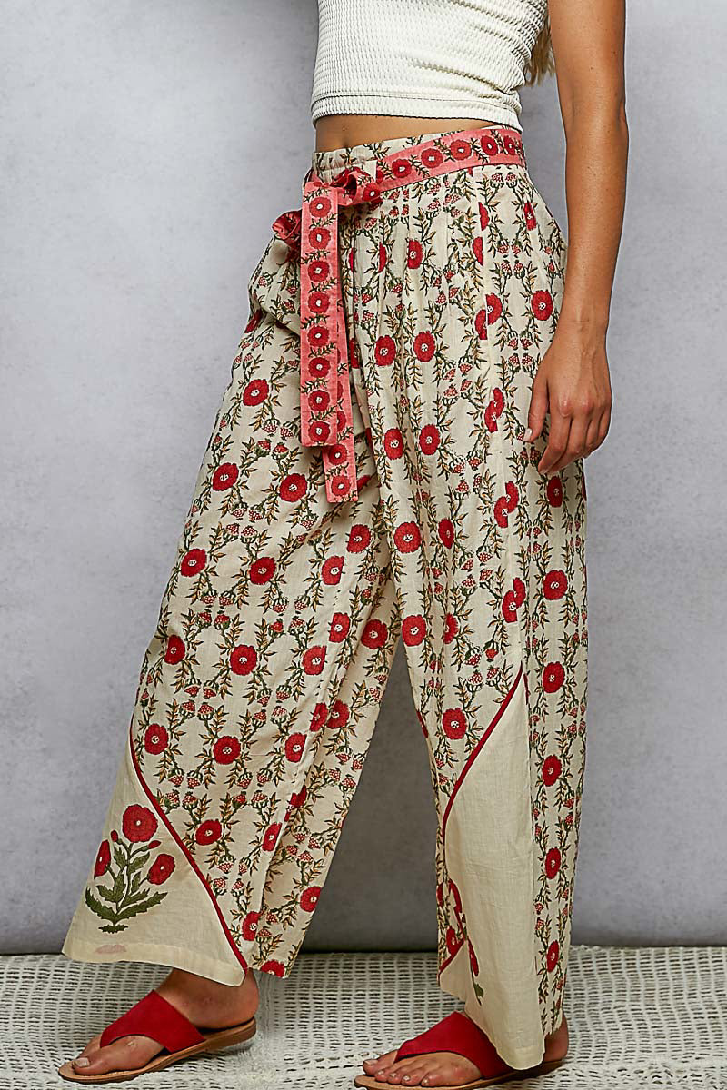 Red Hand Block Print Pants - 100% Cotton