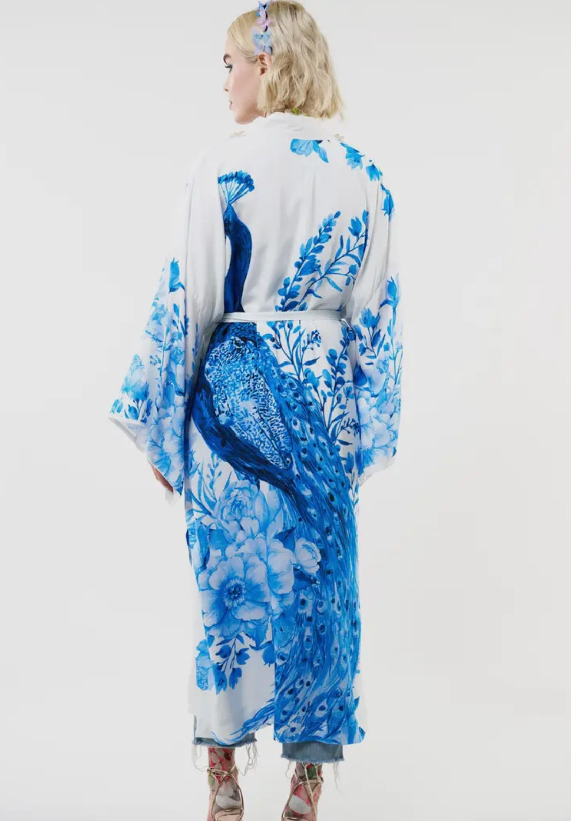 Peacock Kimono - White & Blue