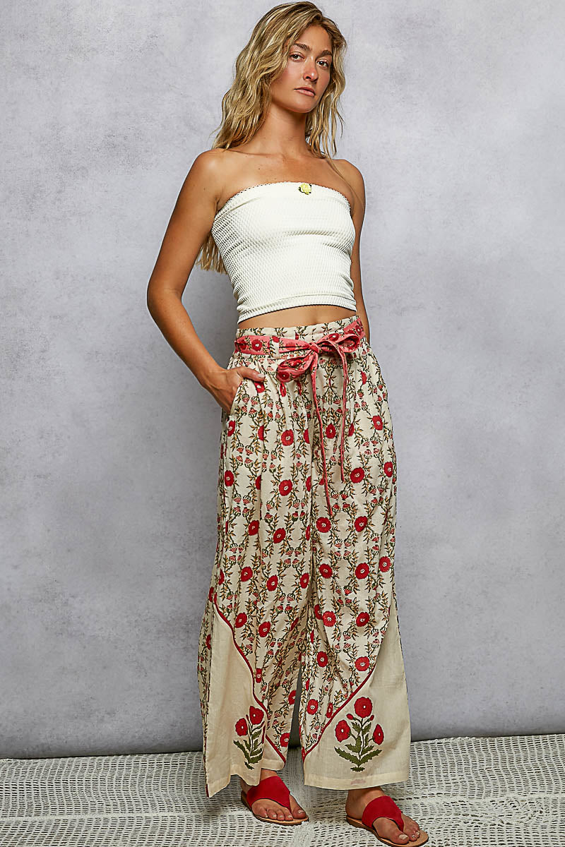 Red Hand Block Print Pants - 100% Cotton