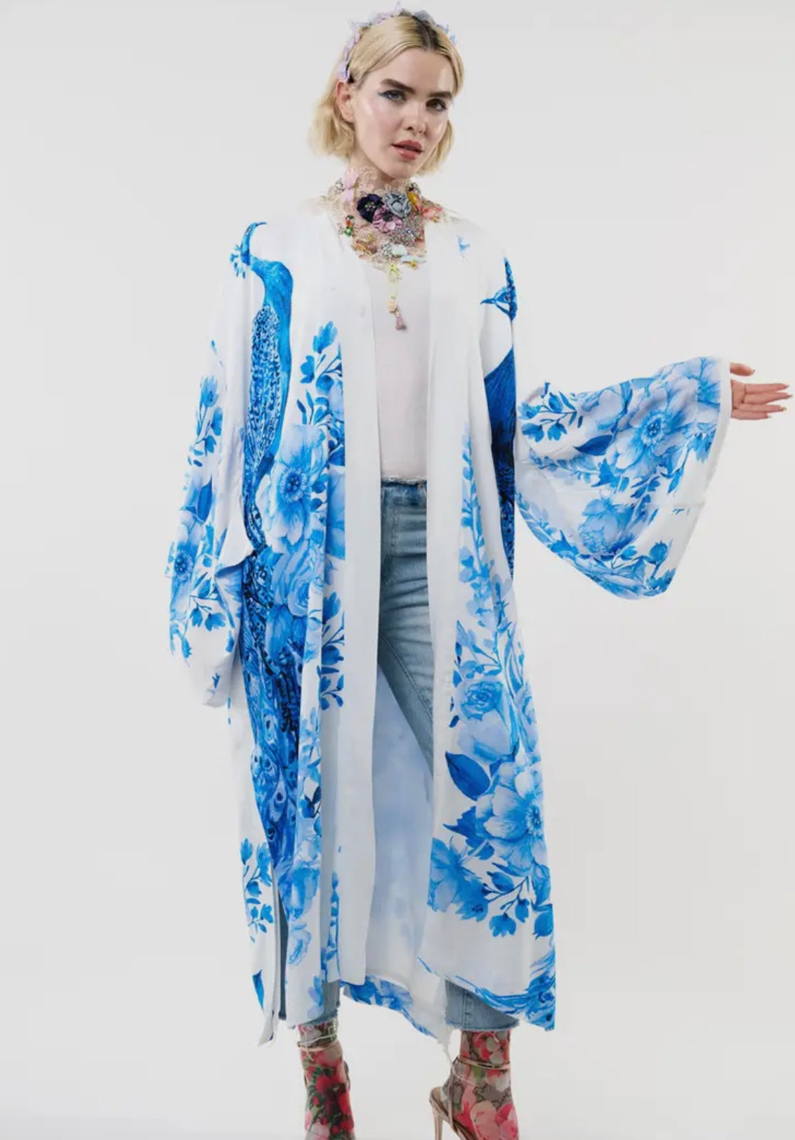 Peacock Kimono - White & Blue