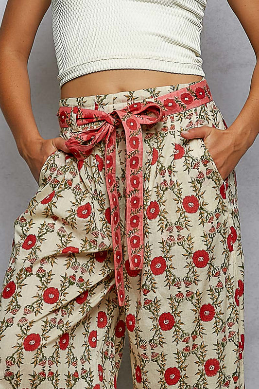 Red Hand Block Print Pants - 100% Cotton