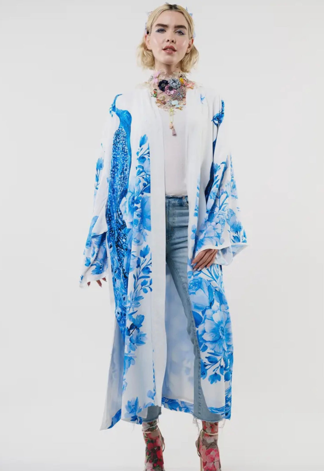 Peacock Kimono - White & Blue