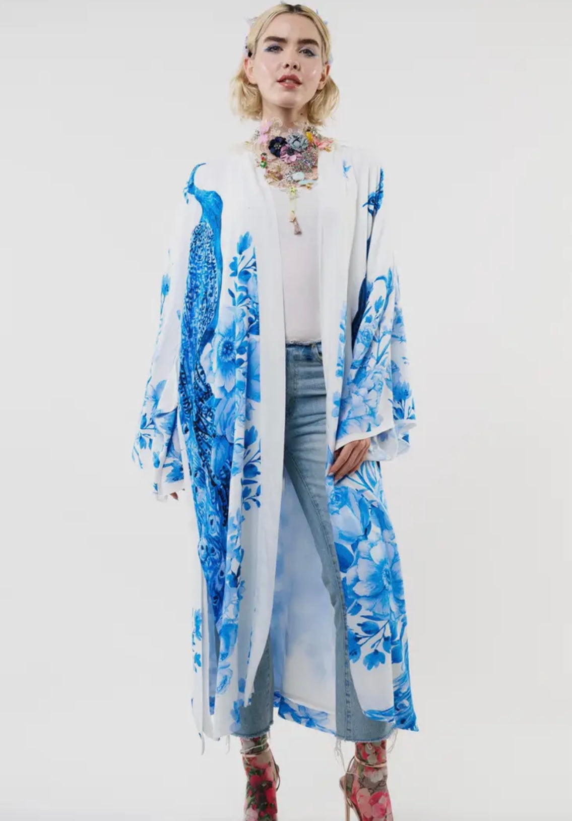 Peacock Kimono - White & Blue