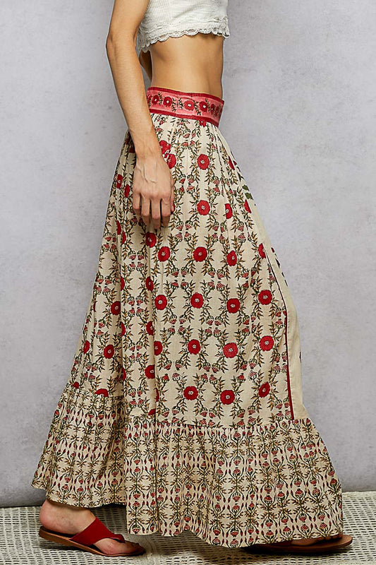 Cream Maxi Red Block Print Skirt