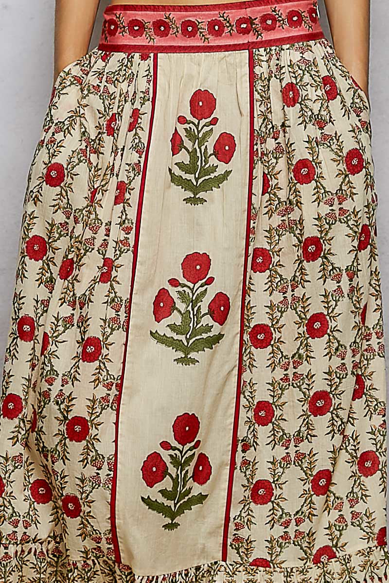 Cream Maxi Red Block Print Skirt