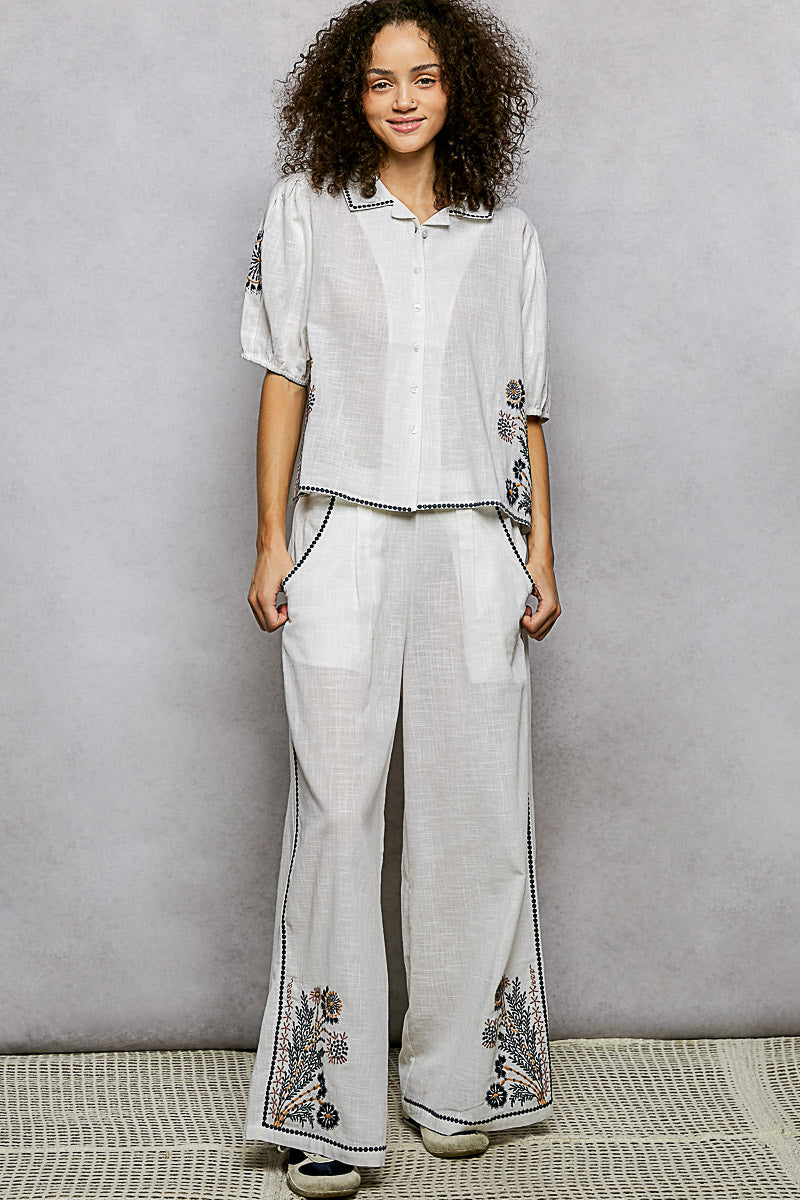 White Linen Pant with Black Embroidery Detail