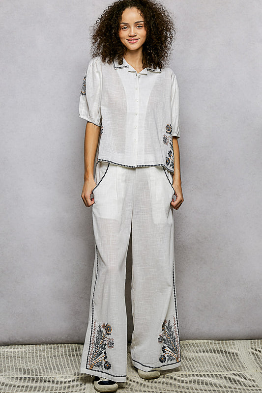 White Linen Shirt with Navy Embroidery Detail
