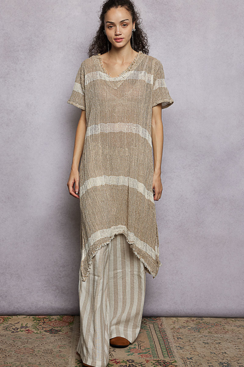 Raw Linen Stripe Tunic Dress - Mocha