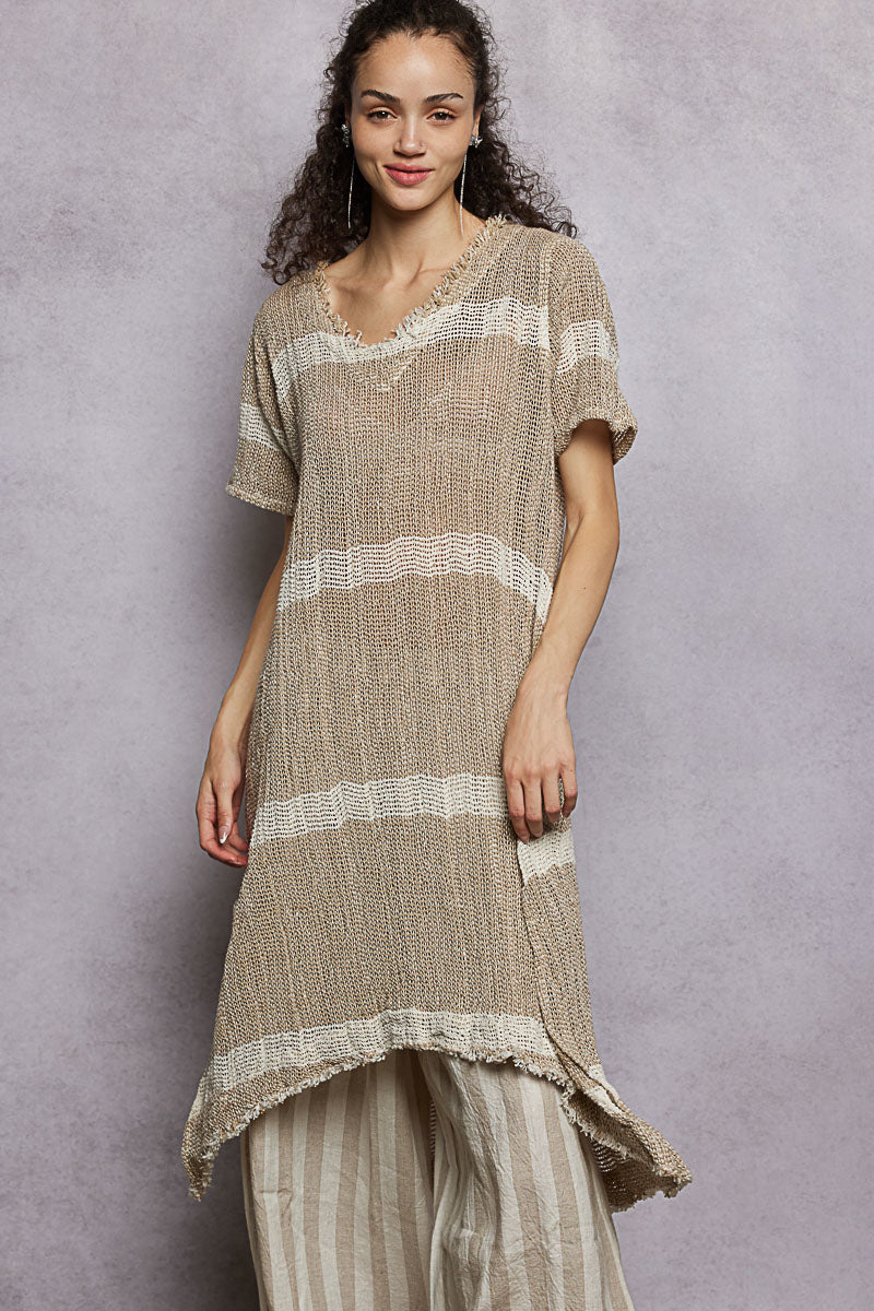 Raw Linen Stripe Tunic Dress - Mocha