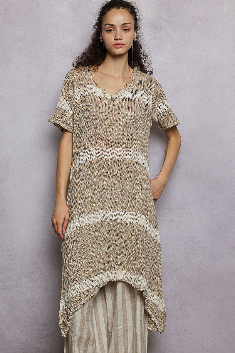 Raw Linen Stripe Tunic Dress - Mocha