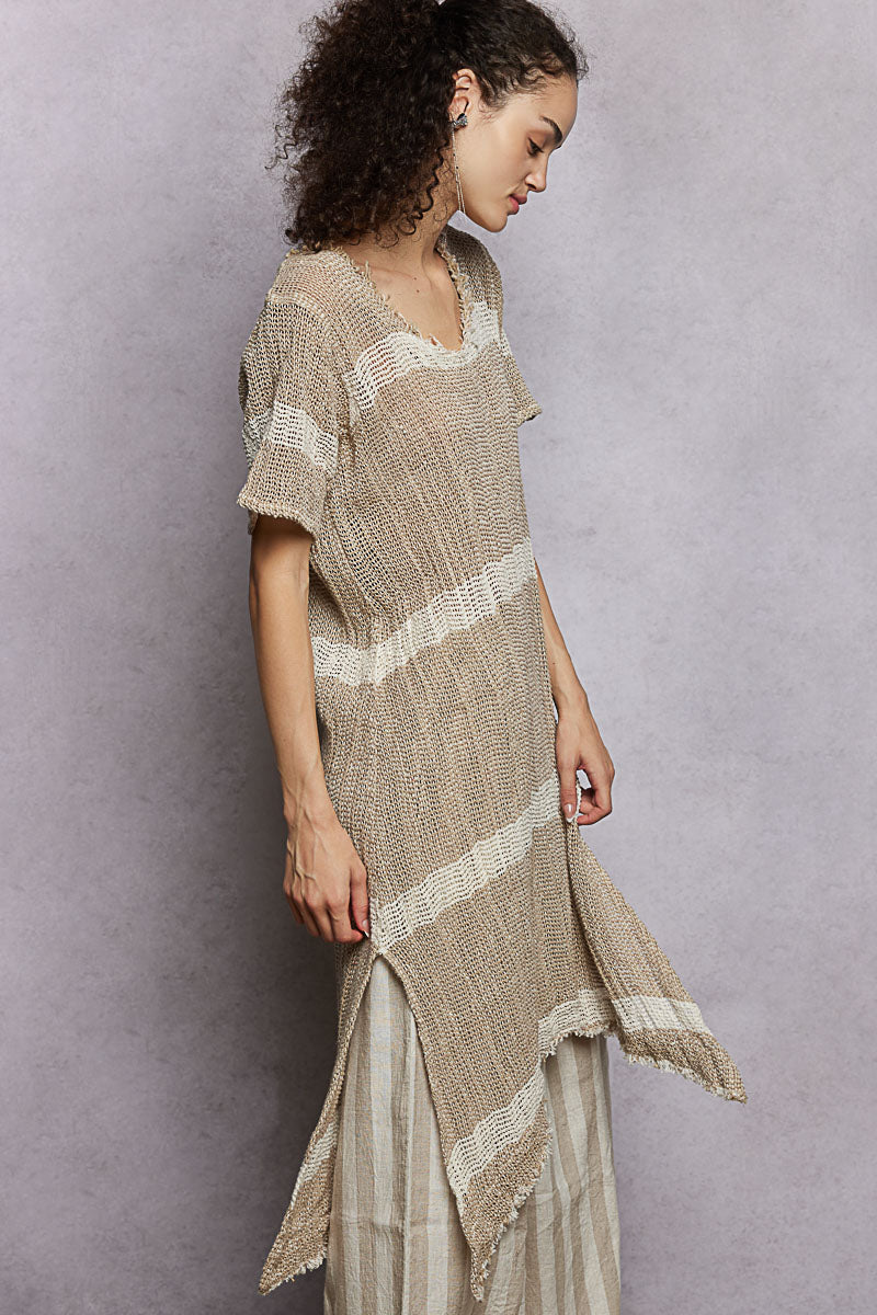 Raw Linen Stripe Tunic Dress - Mocha
