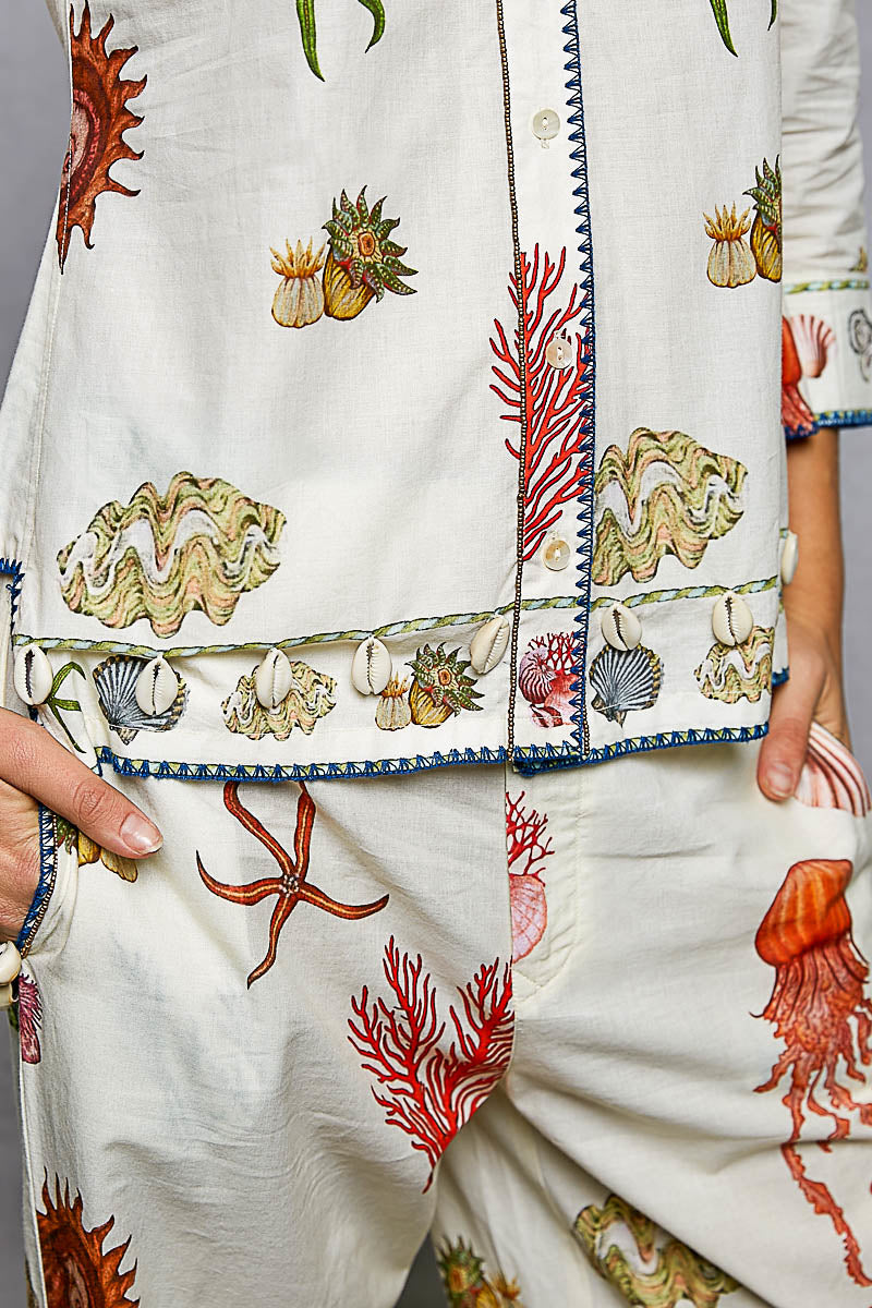 Off White Print Shirt with Cowrie Shell Detail