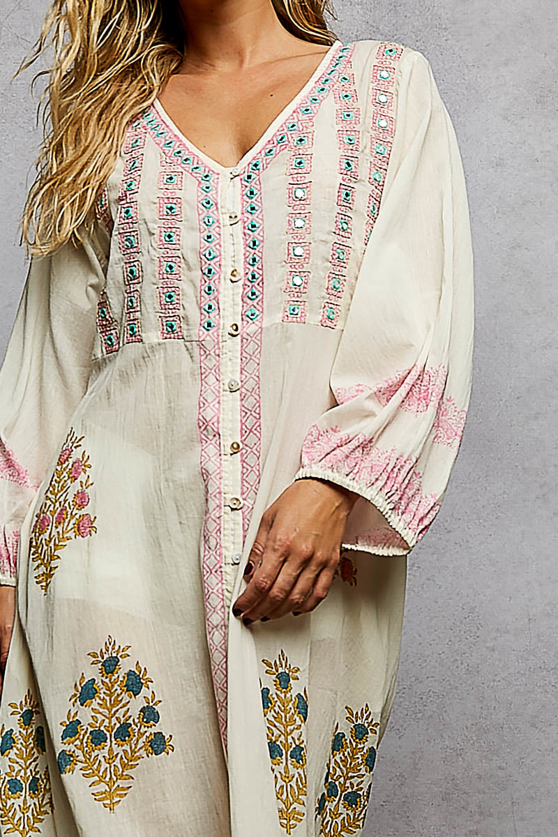 Off White Dress with Block Print & Mirror Detailing