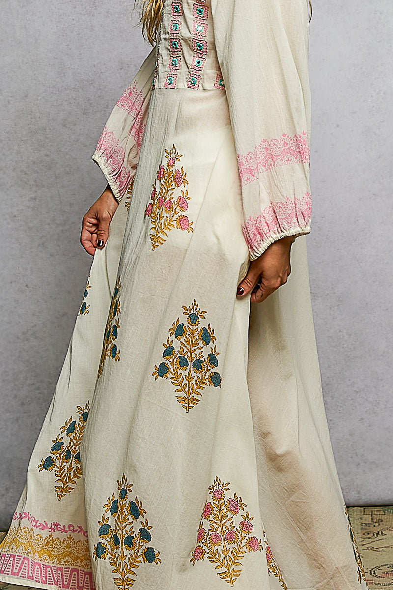 Off White Dress with Block Print & Mirror Detailing