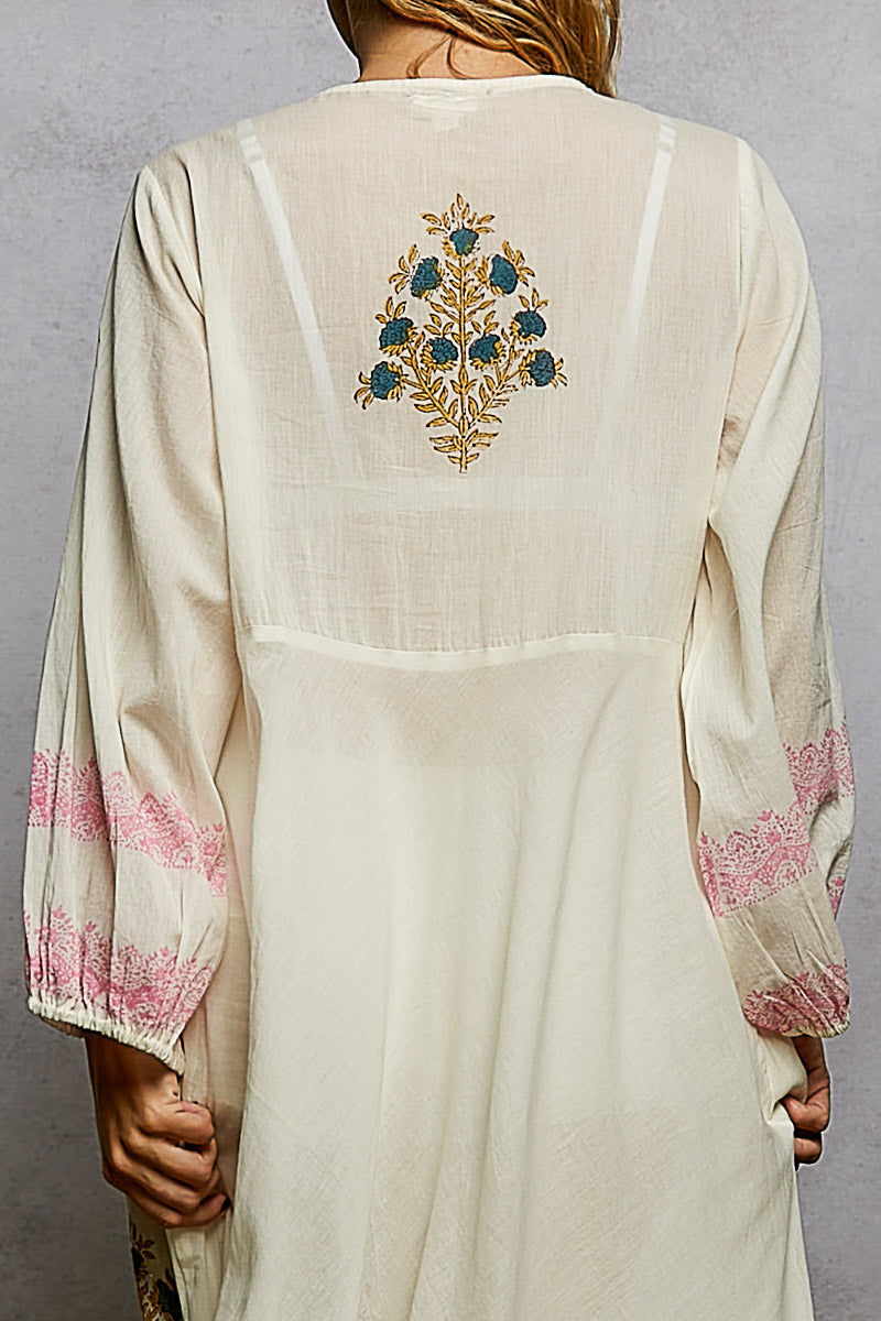 Off White Dress with Block Print & Mirror Detailing