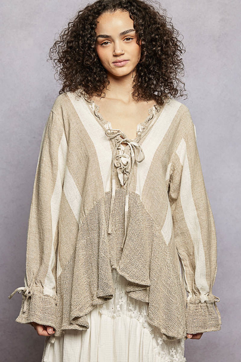 Ruffle Detail Mocha Stripe Top