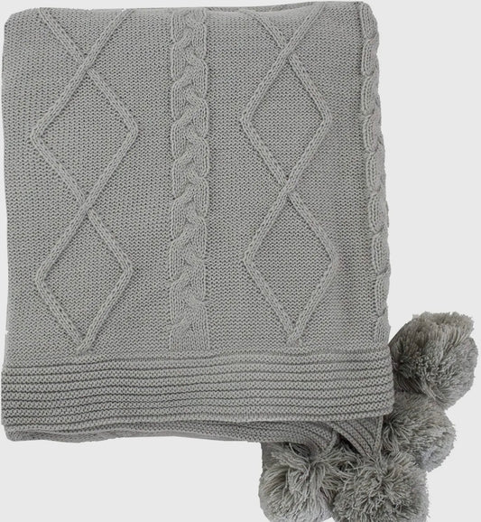 Grey Luxe Faux Fur Cable Knit Pom Pom Throw