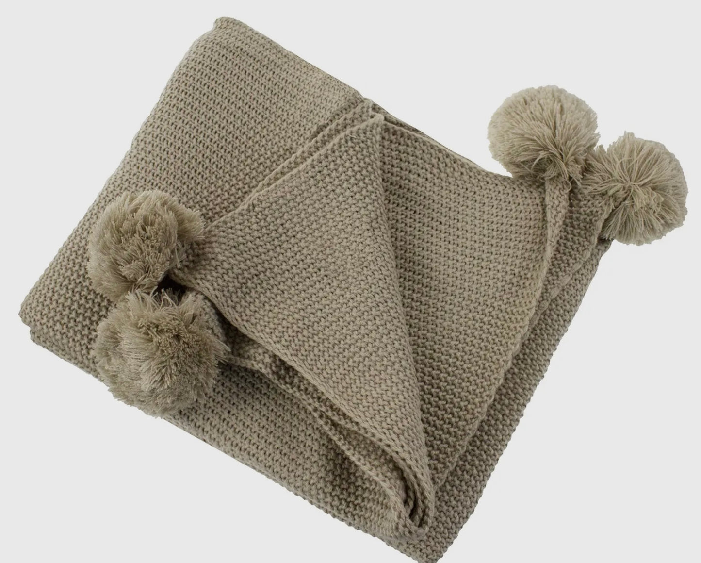 Khaki Chunky Knit Pom Pom Throw