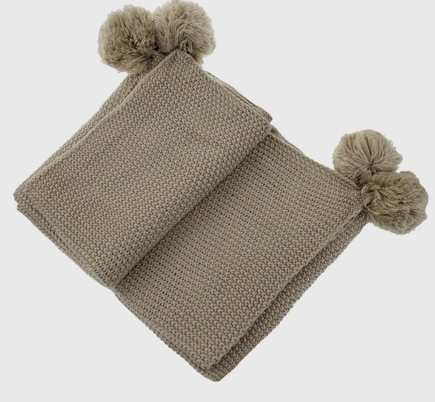 Khaki Chunky Knit Pom Pom Throw