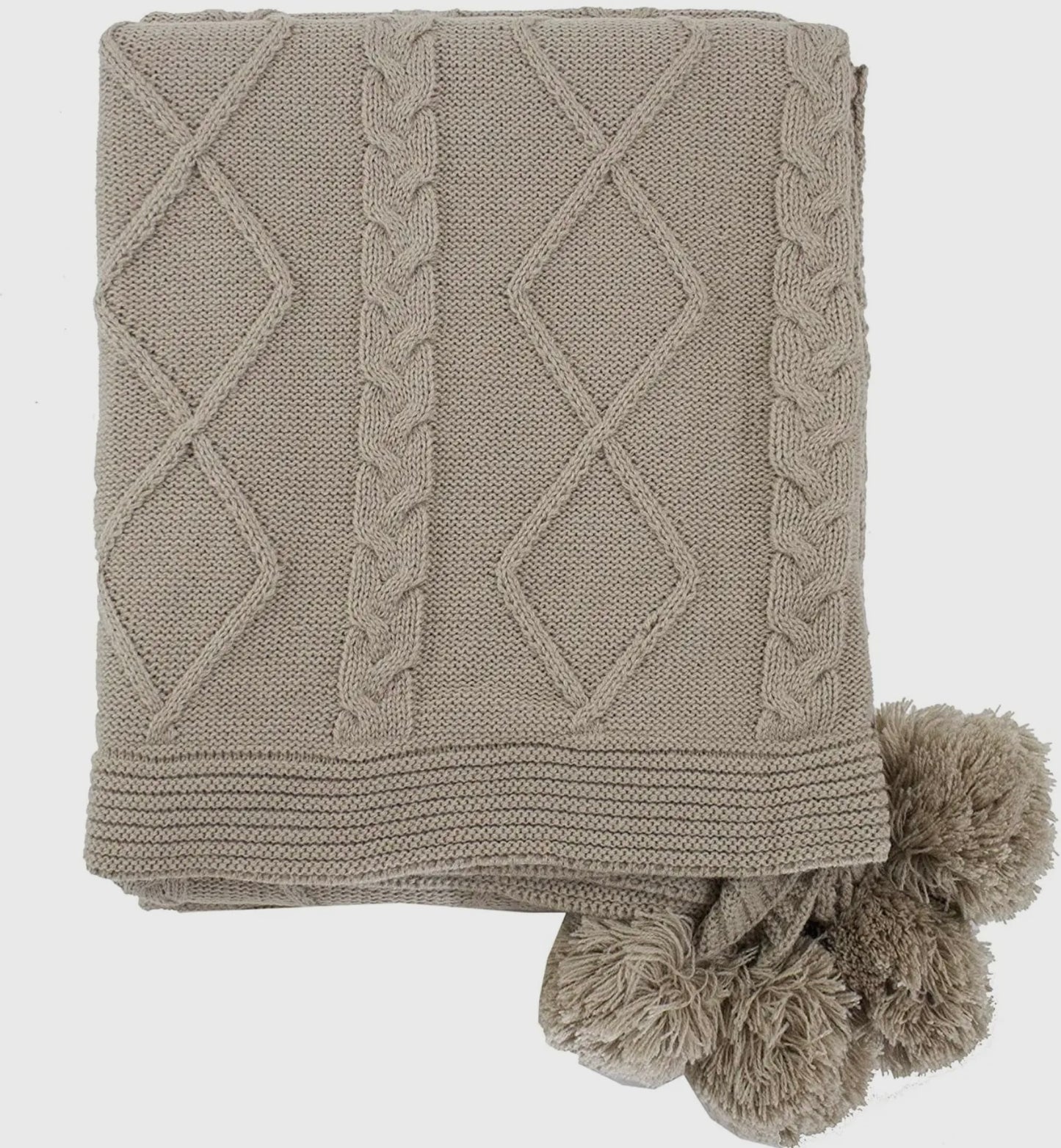 Taupe Luxe Faux Fur Cable Knit Pom Pom Throw