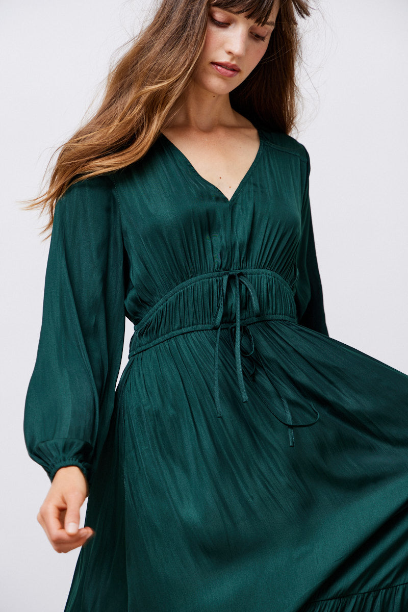 Emerald Green Satin Tiered Dress