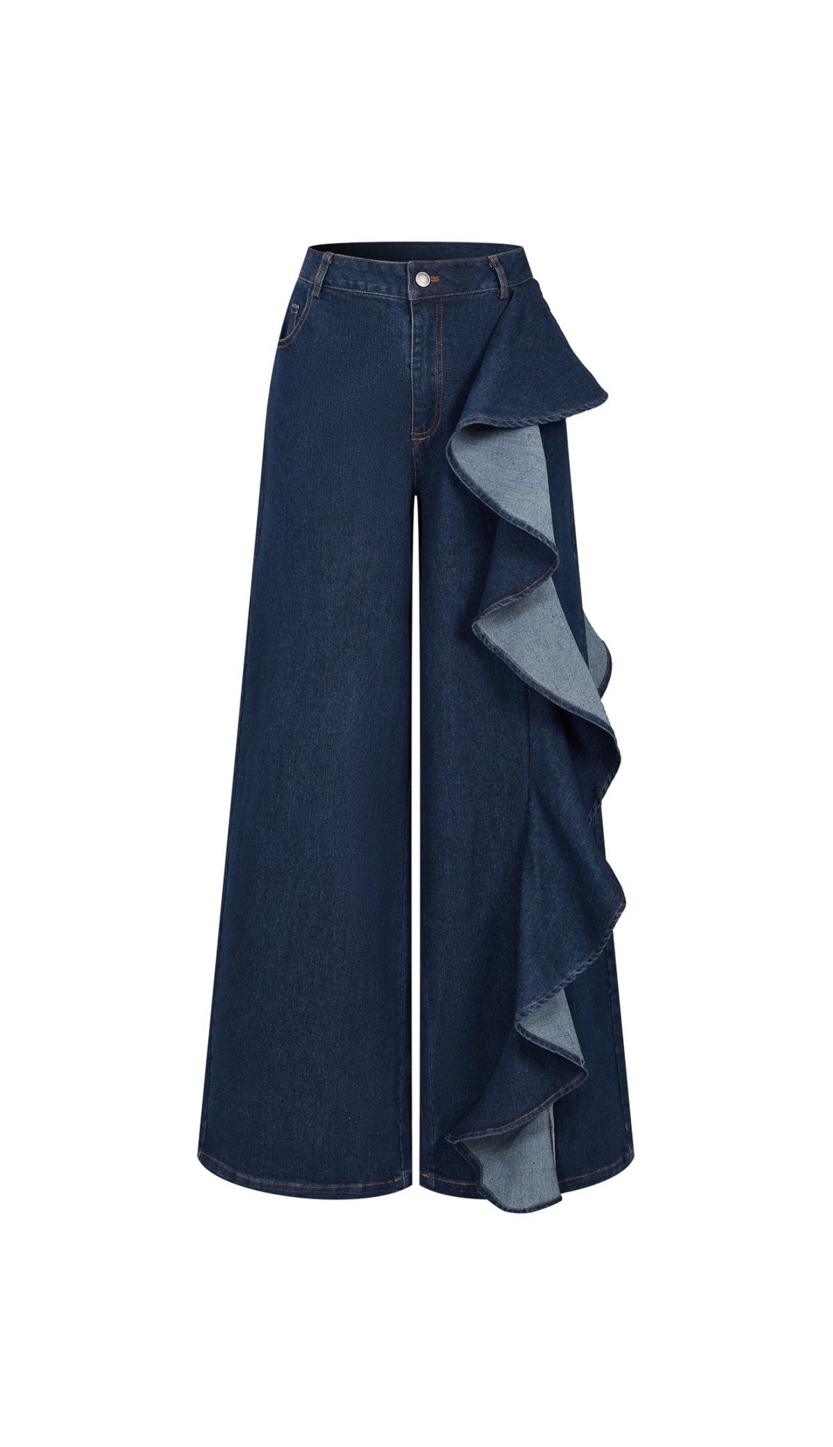 Wide Leg Dark Blue Ruffle Jeans