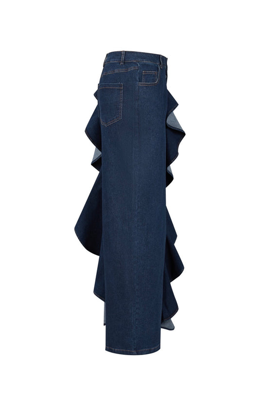 Wide Leg Dark Blue Ruffle Jeans