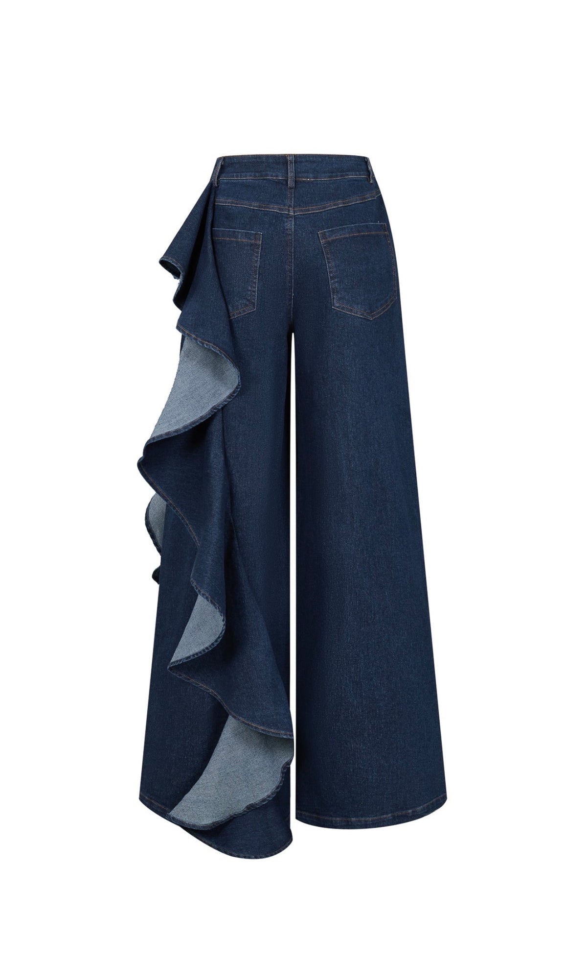 Wide Leg Dark Blue Ruffle Jeans