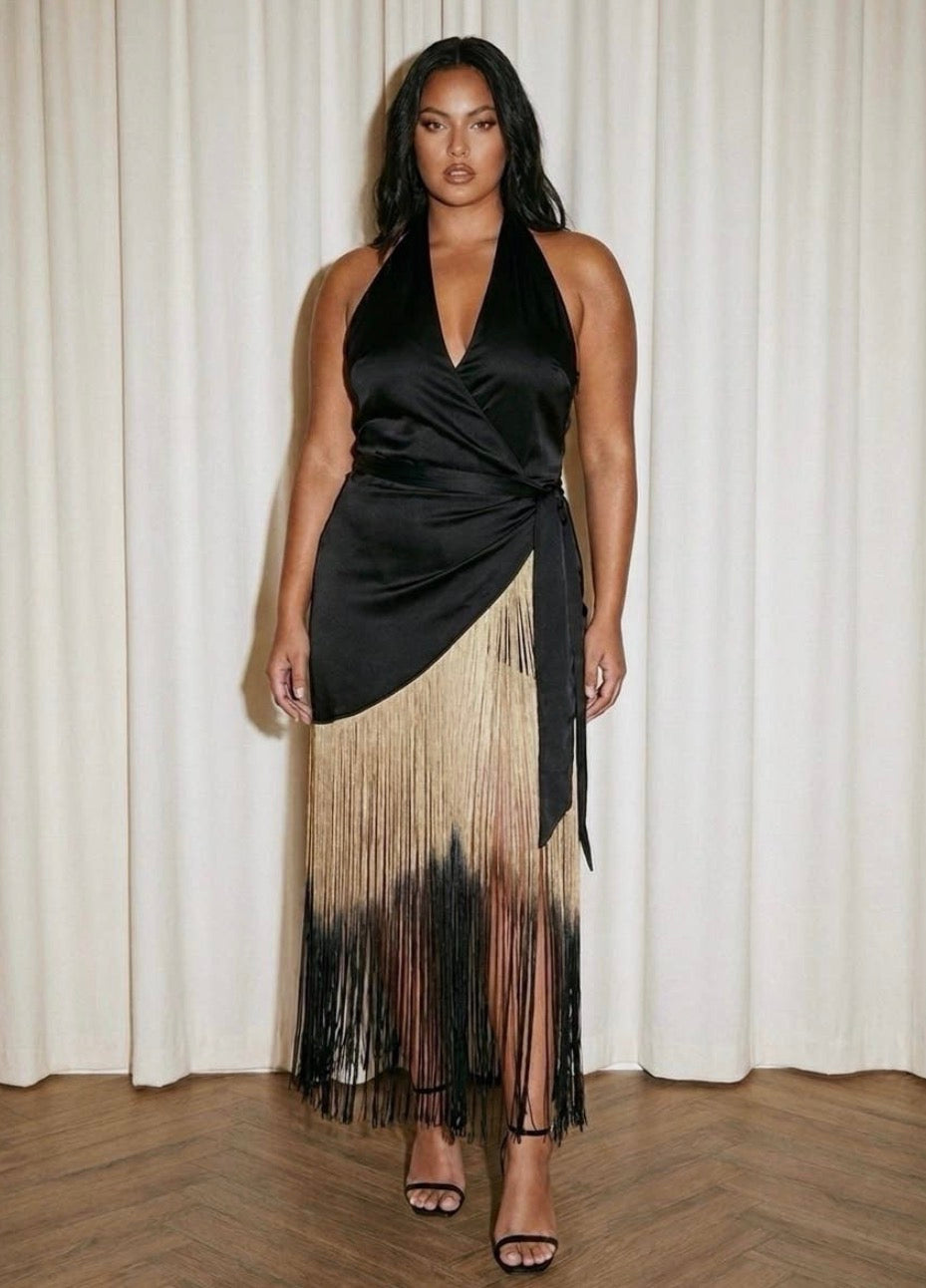 Curve Black Halter Ombré Fringe Wrap Dress