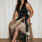 Curve Black Halter Ombré Fringe Wrap Dress