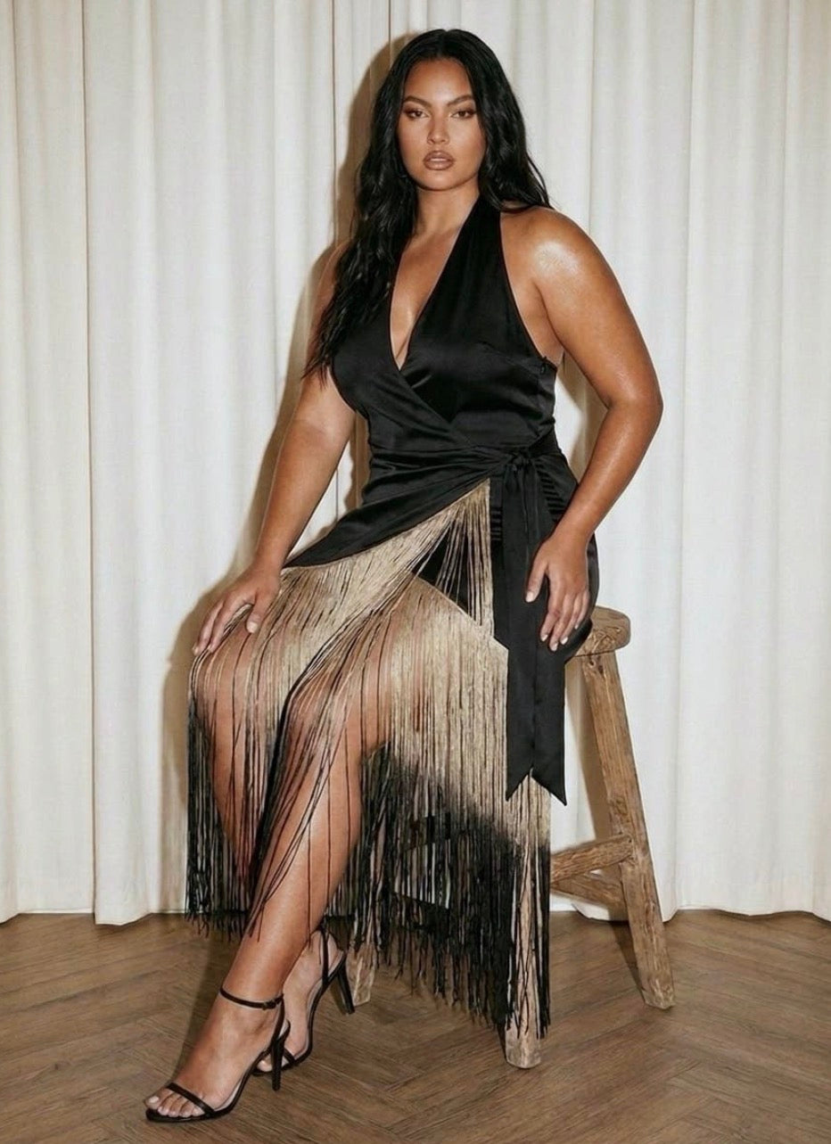 Curve Black Halter Ombré Fringe Wrap Dress