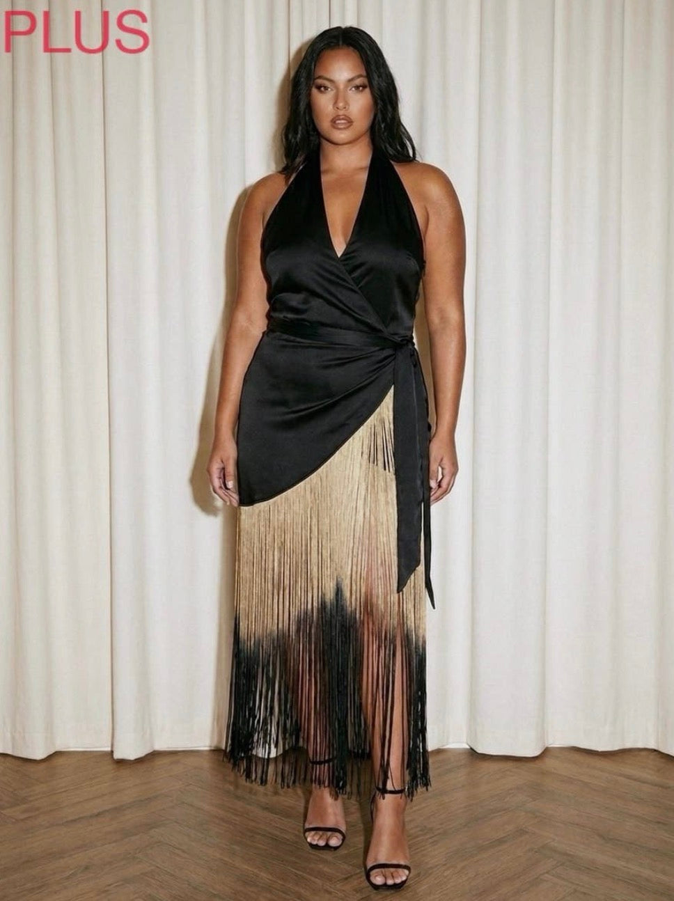 Curve Black Halter Ombré Fringe Wrap Dress