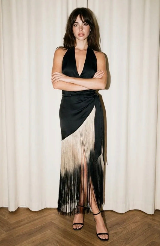 Black Halter Ombré Fringe Wrap Dress