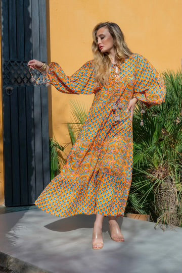 Orange Mix Block Print Maxi Dress