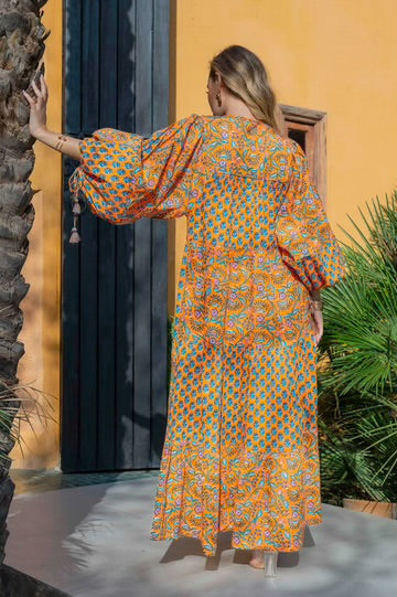 Orange Mix Block Print Maxi Dress