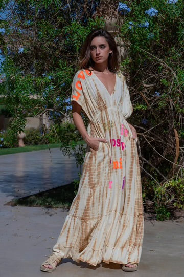 Tan Tie Dye Kimono Dress
