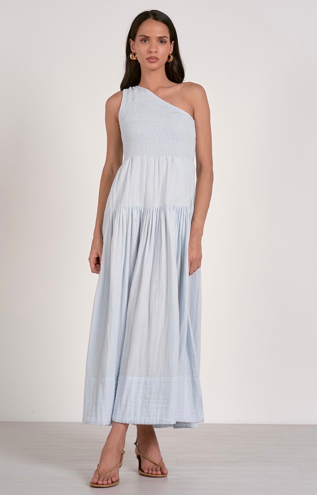 Light Blue One-Shoulder Gauze Maxi Dress