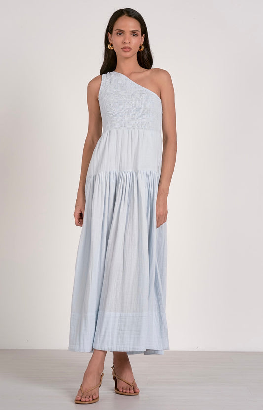 Light Blue One-Shoulder Gauze Maxi Dress