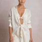 Off White Tie Linen Shirt with Bead Detail