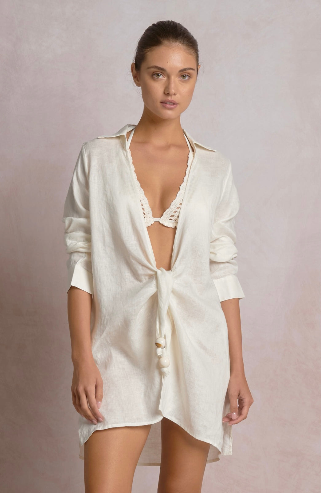 Off White Tie Linen Shirt with Bead Detail