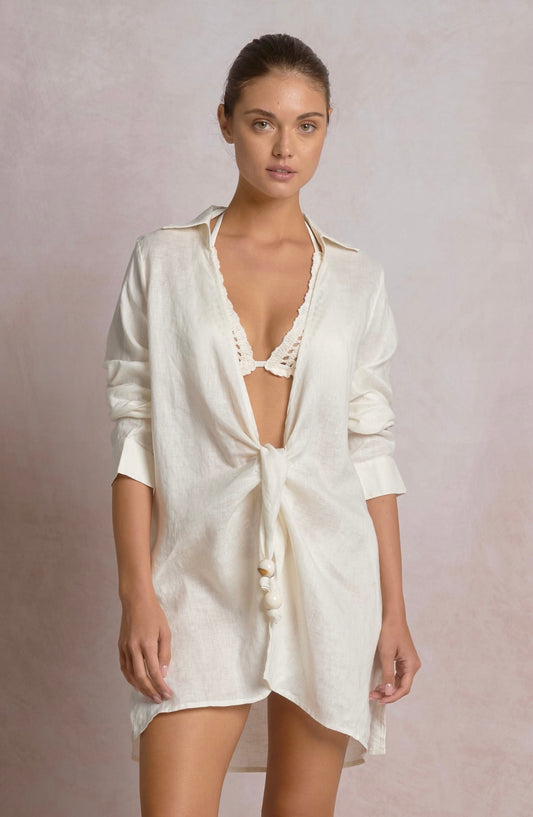 Off White Tie Linen Shirt with Bead Detail