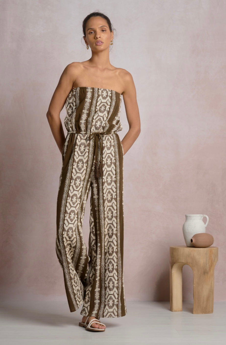 Brown & White Woven Romper