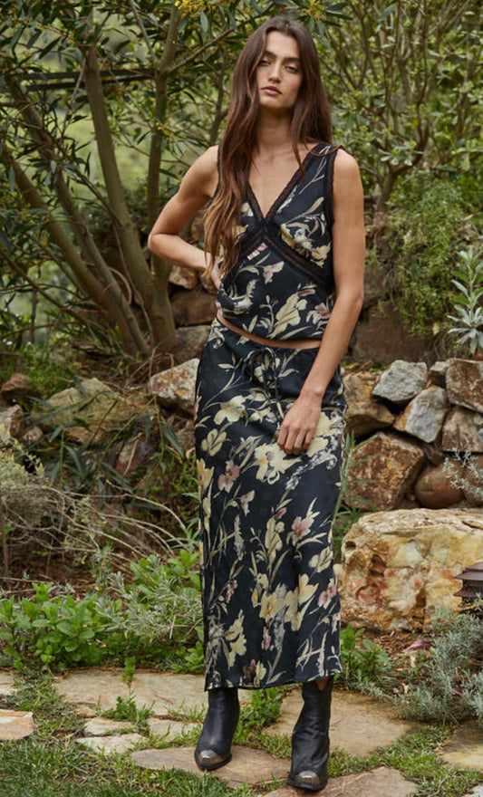 Black Floral Print Slip Skirt